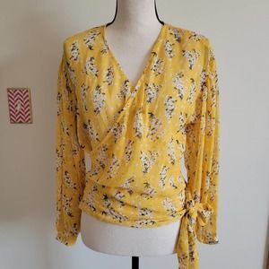 Sans Souci Yellow Floral Wrap Blouse Sz L